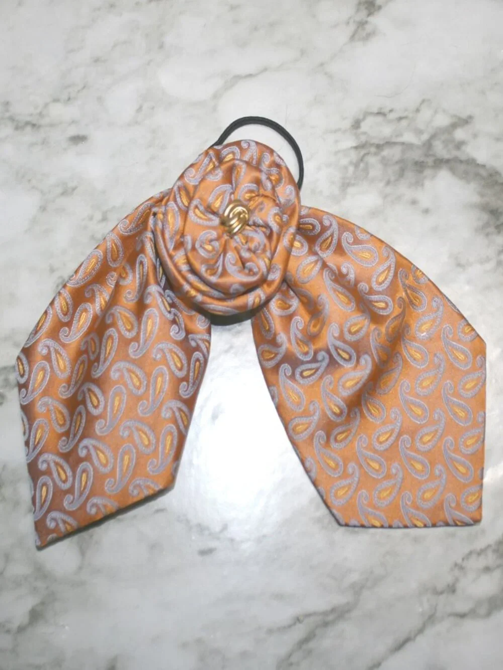 HAND CRAFTED Hair Scrunchy Bow Orange Paisley Upcycled Men's Silk Neck Tie